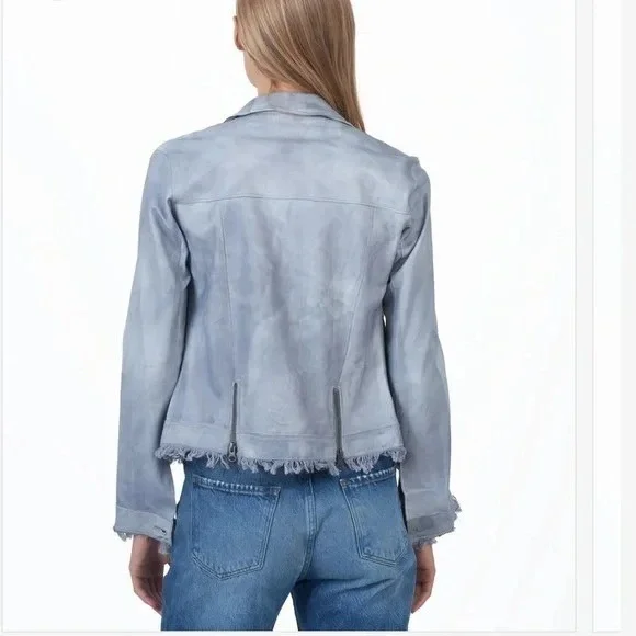 JKT NYC Womens Grey Genuine Leather Fringed Jacket Size XS 'Alexa‎ Patina' Moto